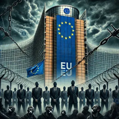 Lanțuri sau sârmă ghimpată în jurul steagului UE.webp