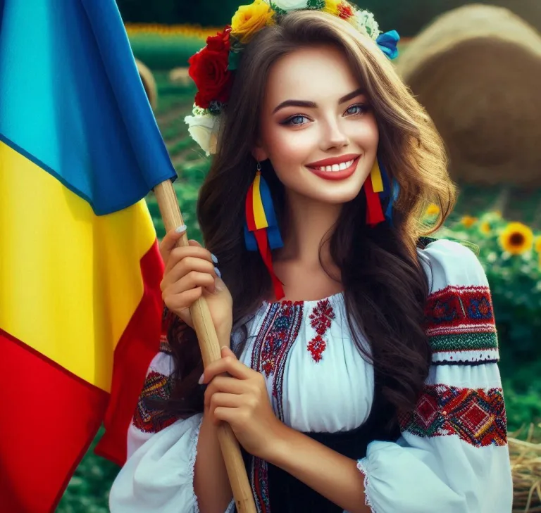 A beautiful girl holding a flag with the colors red, yellow, and light blue, dressed in traditional Romanian clothing